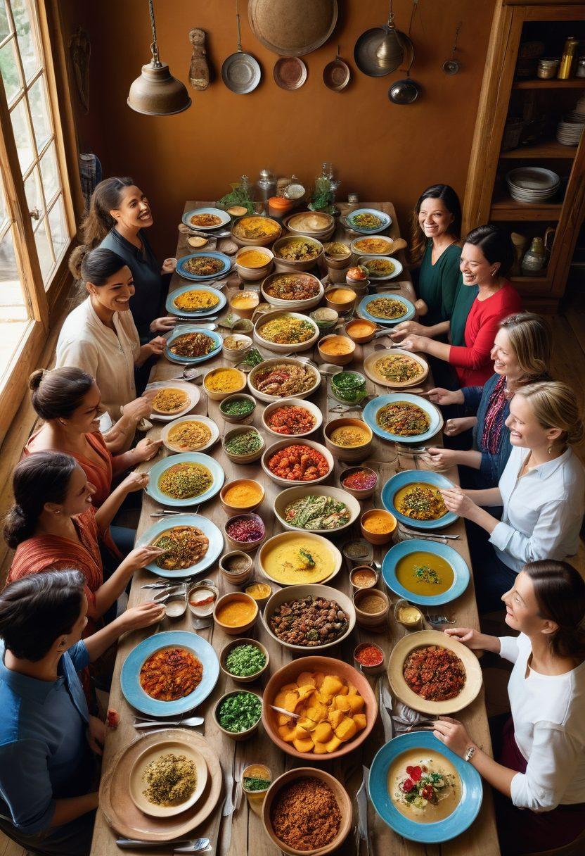 A diverse group of people, gathered around a large, rustic wooden table, joyfully sharing and enjoying a variety of colorful and appetizing regional dishes. Each person is holding or passing traditional dishes from different cultures. The background features a cozy kitchen with pots, pans, and spices, evoking a warm and inviting atmosphere. super-realistic. vibrant colors. warm lighting.