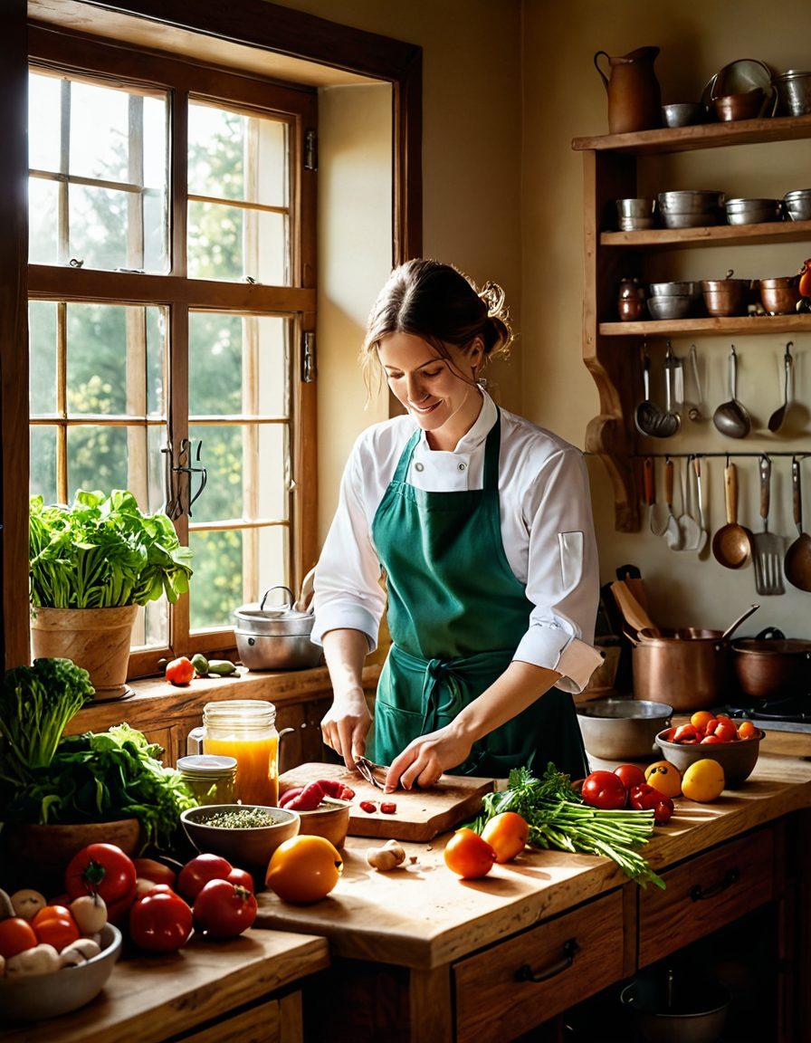 A rustic kitchen scene with a wooden countertop filled with fresh, colorful local produce, herbs, and spices; a handwritten recipe book open to a traditional meal. A chef in a cozy apron energetically chopping vegetables with various cooking utensils and pots around. sunlight streaming through a window, illuminating the warmth of the kitchen. super-realistic. vibrant colors. cozy atmosphere.