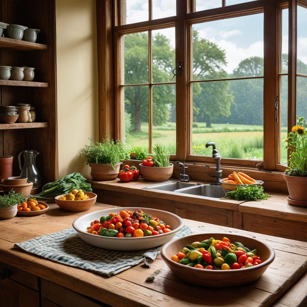 A rustic county kitchen scene with a wooden countertop filled with fresh, local ingredients like vegetables, herbs, and spices. A chef in a classic apron is seen skillfully plating an elegant gourmet dish, with an open recipe book nearby. The background features local countryside scenery visible through a window. super-realistic. vibrant colors. warm tones.